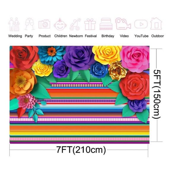 Paper Flower Background Fiesta Colorful Striped Backdrop Party Decor 7x5 feet - Picture 4 of 4